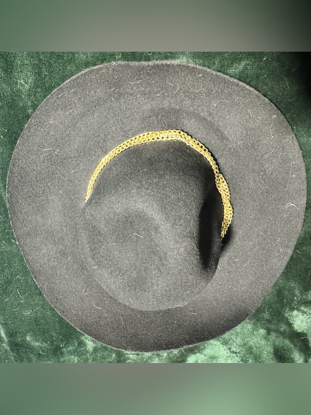 Black Felt Wide-Brim Hat with Gold Chain Detail